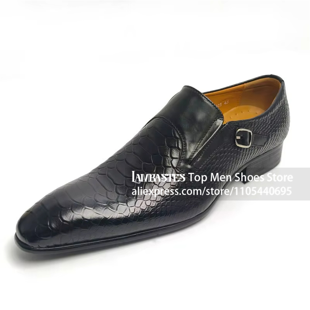 Monk Strap Shoe - Zwarte slangprint lederen monklarzen met gesp